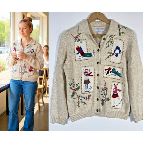 Alfred Dunner Christmas Cardigan Sweater PS Embroidered Ski Old Money Preppy Vtg - Picture 1 of 16